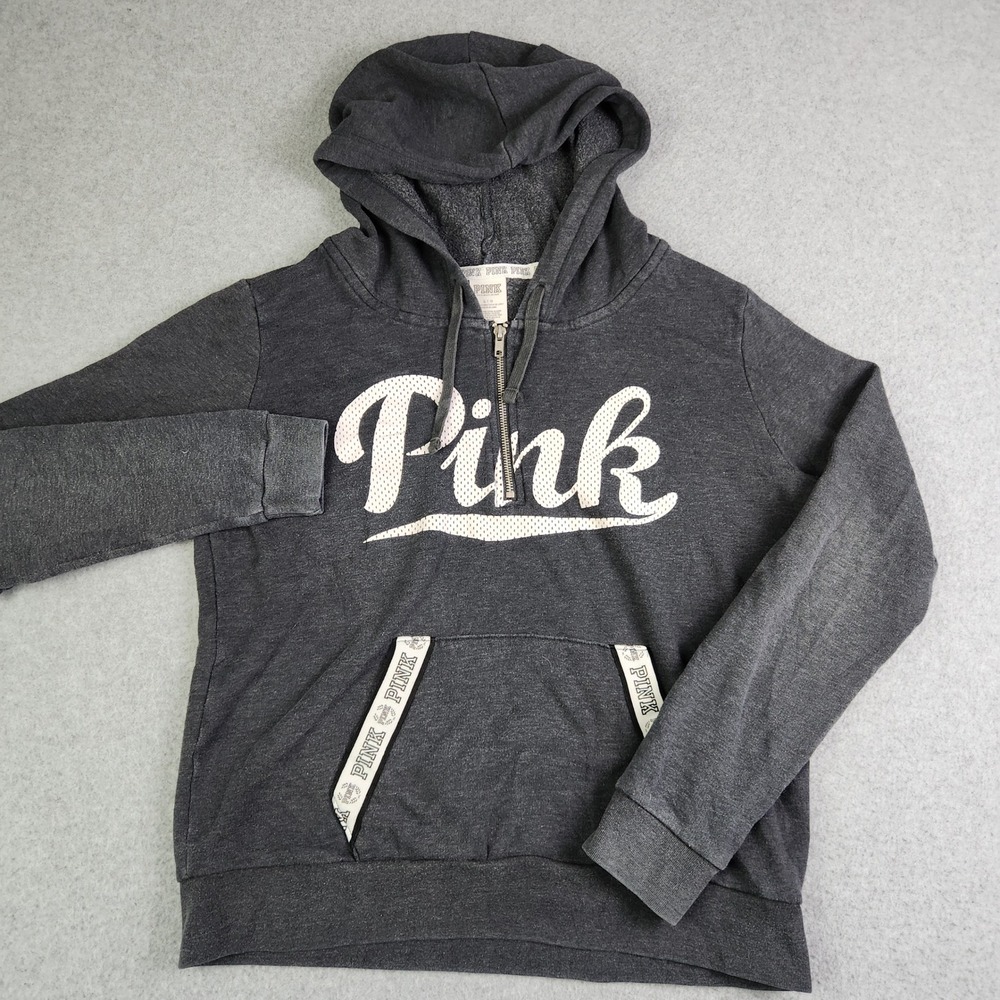PINK Victoria's Secret Hoodie Womens Large Gray Fleece Lined Sporty 1/4 Zip Logo